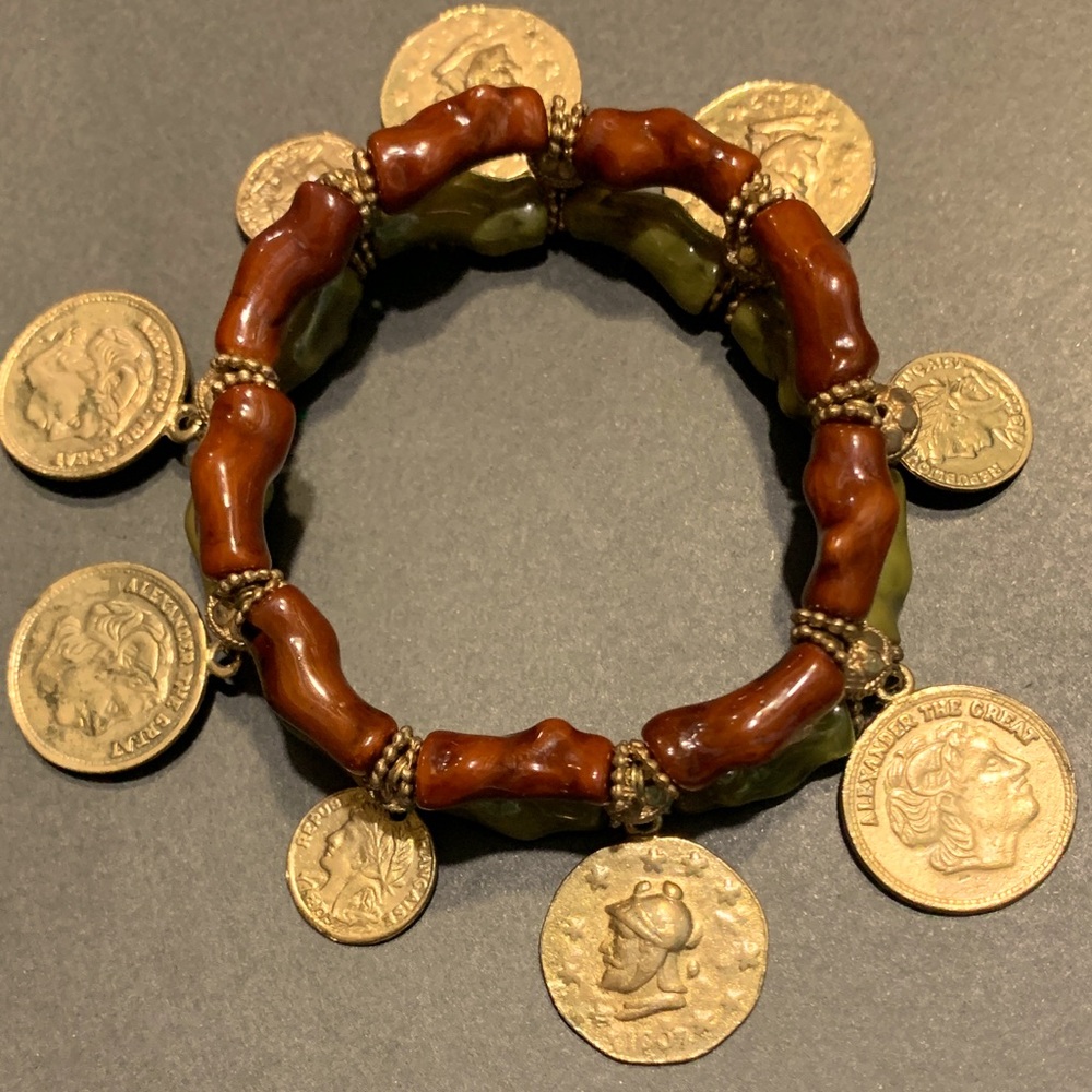 Vintage caramel and army green double strand coin charm bangle Bracelet #212